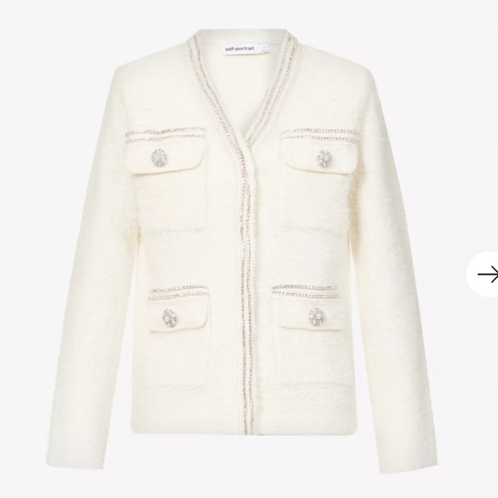 NWOT Self Portrait Women's Embellished Knit Jacket - Winter White